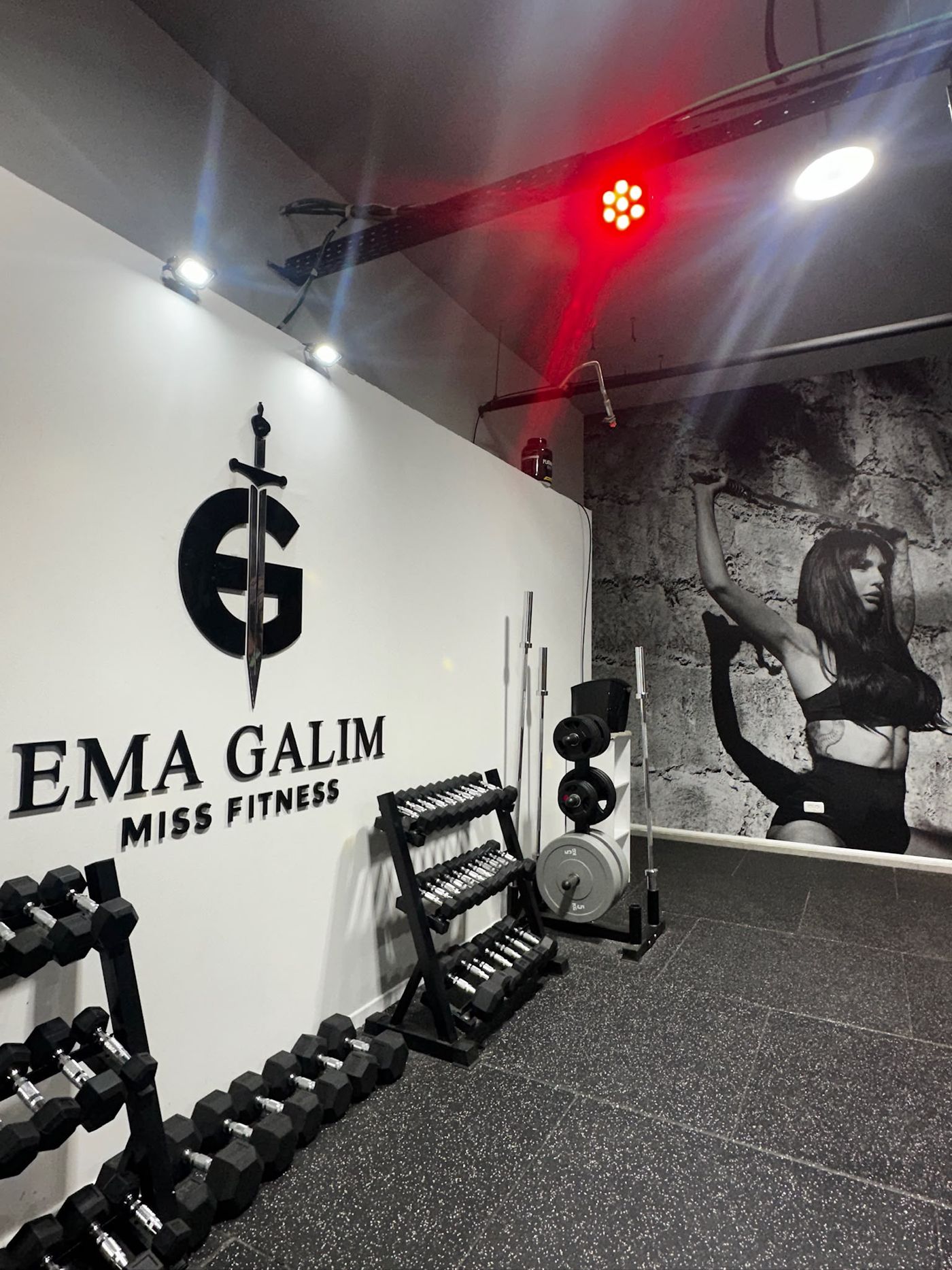 קיר הלוגו EMA GALIM Miss Fitness ומתקני משקולות בסטודיו